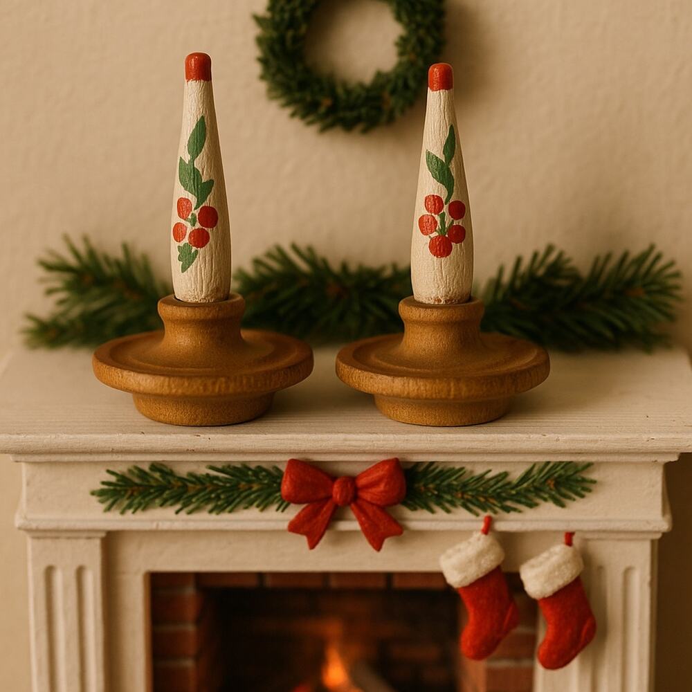 Vintage Wooden 60s Candlesticks Handmade 1 in Candle Holder with base Pair of 2
